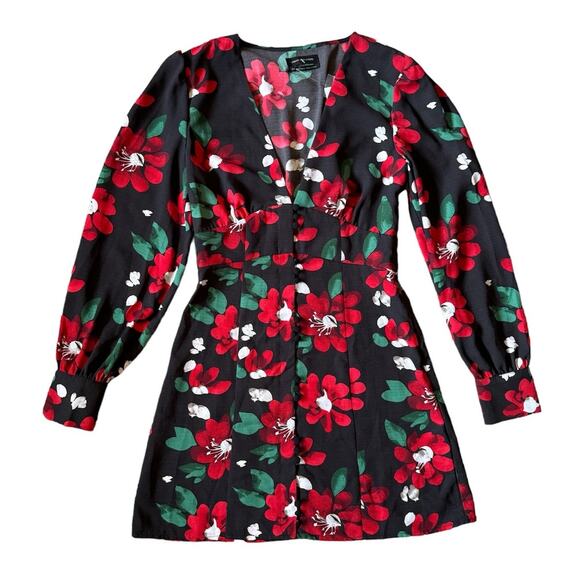 Urban Outfitters Michelle Black Red Floral Mini Dress Long Sleeve Whimsygoth - Picture 1 of 6